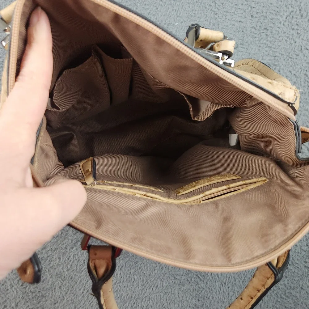 Ostrich Embossed Ivory Brown Purse Satchel Handbag w/ Shoulder Strap London Fog‎
